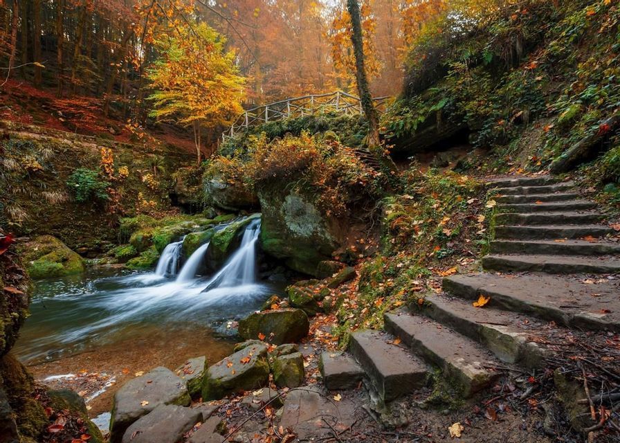 Una scalinata in pietra sale accanto a una piccola cascata in un bosco con un vibrante fogliame autunnale e un ponte di legno.