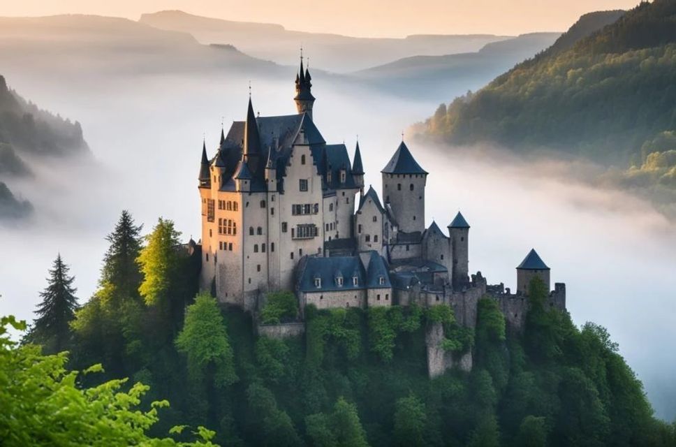 Un grande castello con mura in pietra e torri scure si erge su una collina verdeggiante, circondato da fitta nebbia e montagne.