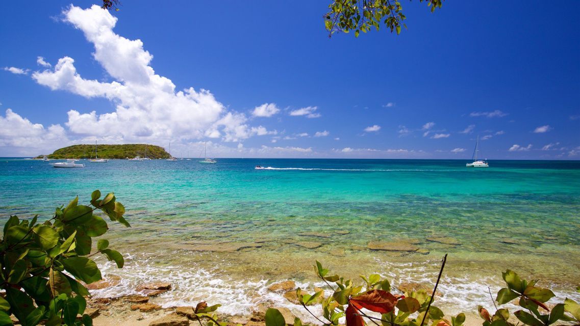 Una costa rocciosa si affaccia su un mare turchese con barche a vela e una piccola isola verde sotto un cielo azzurro con nuvole.