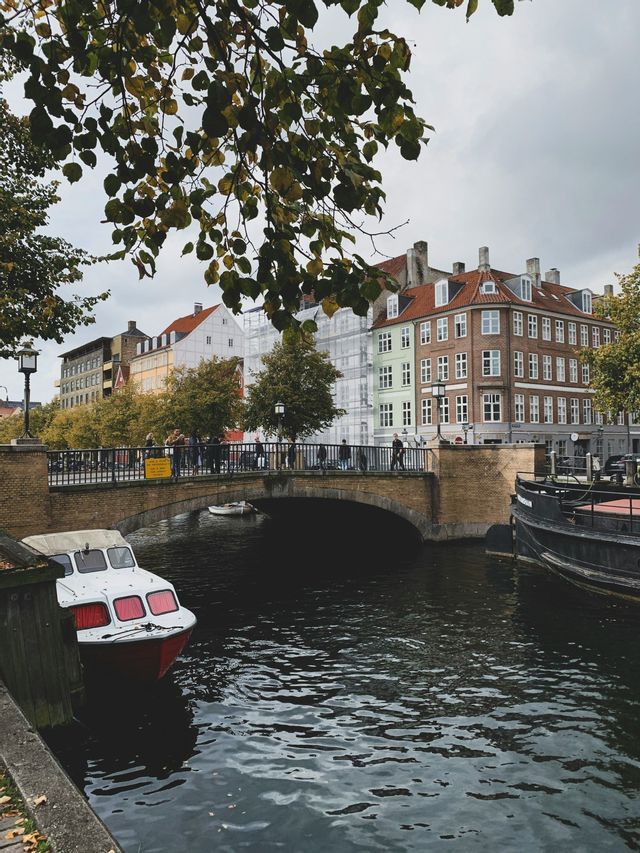 A view of a city canal with a brick bridge, boats, and colorful buildings in the background, framed by tree leaves on an overcast day.