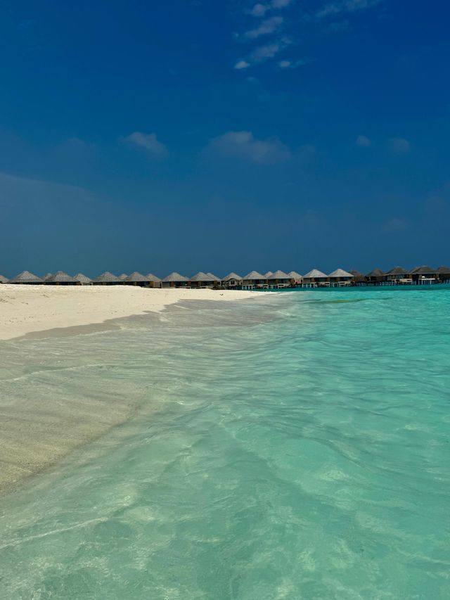 Agua cristalina turquesa baña una playa de arena blanca bordeada de bungalows sobre el agua bajo un cielo azul profundo.