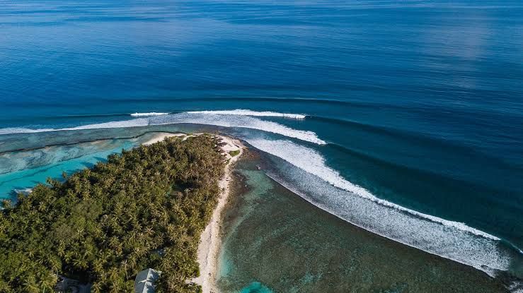 Una veduta aerea di un lembo di terra tropicale con palme, circondato da acque turchesi e blu intenso, con onde che si infrangono.
