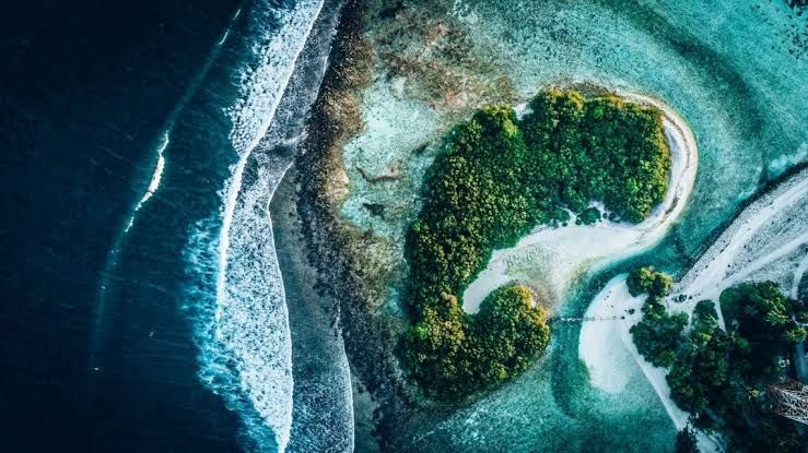 Una vista aerea dall'alto di un'isola verde lussureggiante circondata da acqua turchese e oceano blu profondo con onde bianche.