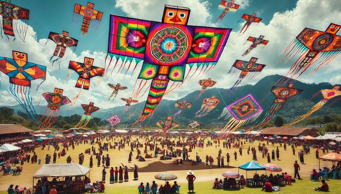 Un cielo gremito di aquiloni grandi, colorati e dal design elaborato, che volano sopra una folla festante in un prato verde con le montagne sullo sfondo.