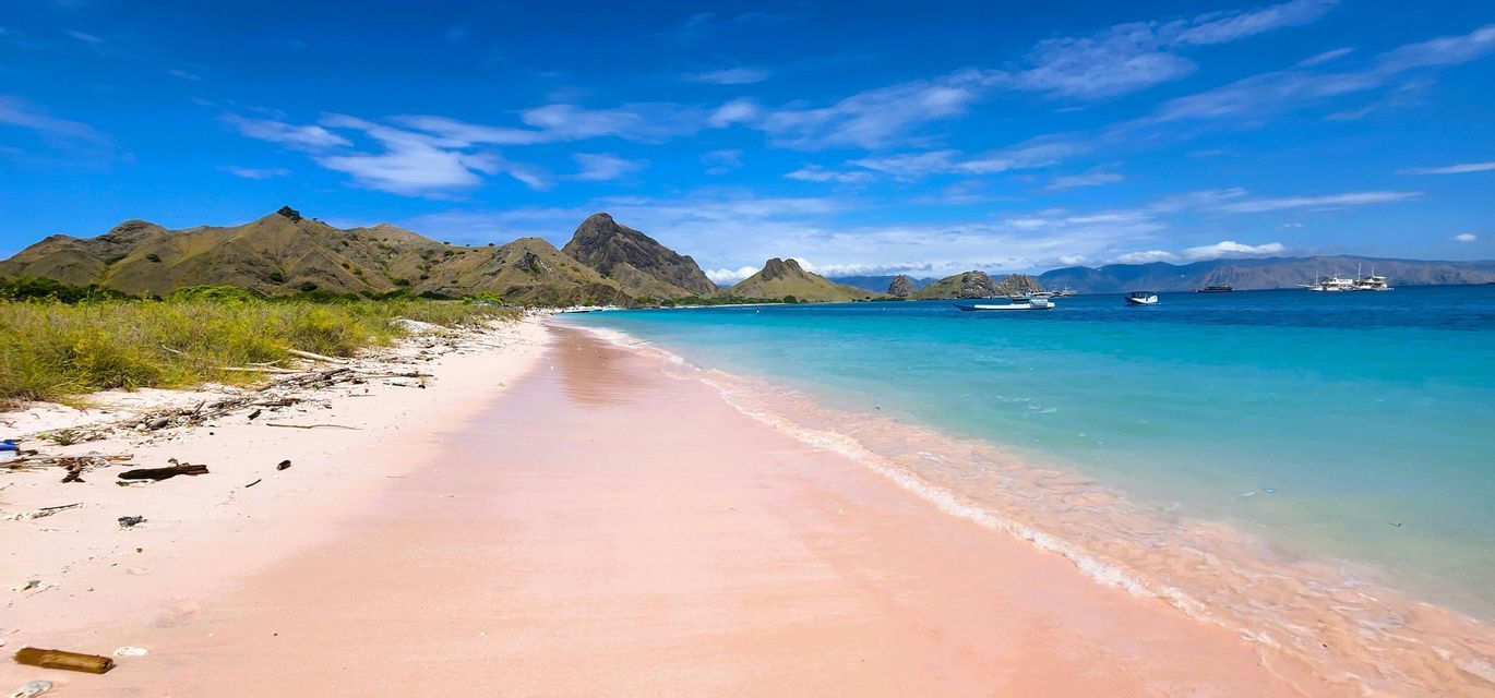 Une vue panoramique d'une plage de sable rose avec de l'eau turquoise, des bateaux au loin et des collines verdoyantes sous un ciel bleu.