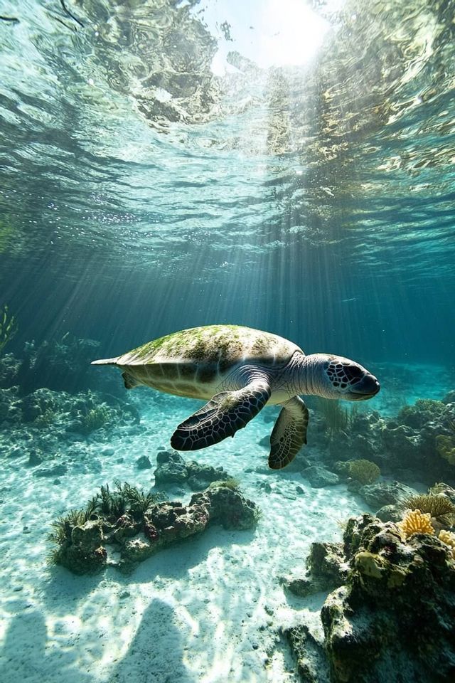 Une tortue de mer nage sous l'eau au-dessus d'un récif corallien tandis que les rayons du soleil traversent l'eau bleue et claire.