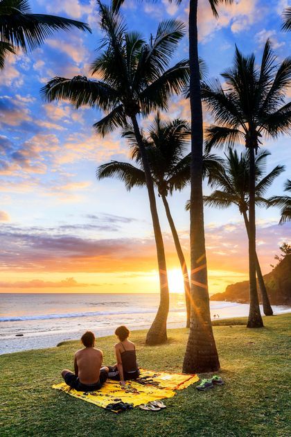 Deux personnes sont assises sur une couverture sur une rive herbeuse, regardant le coucher de soleil sur l'océan parmi de grands palmiers.