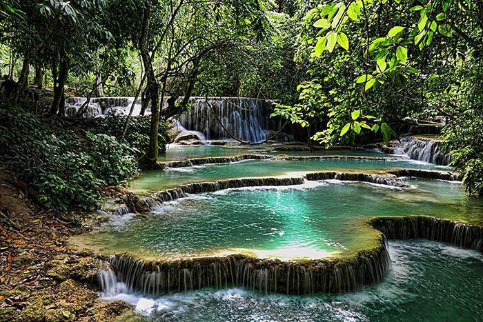 Une cascade en terrasses aux eaux turquoise éclatantes, se déversant dans des piscines naturelles au sein d'une jungle luxuriante et verdoyante.