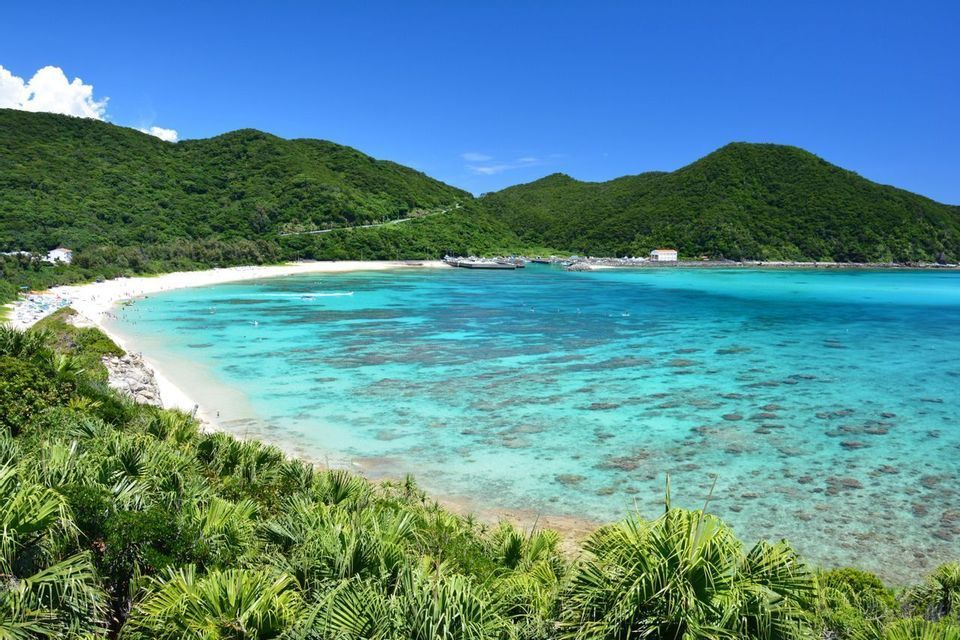 Una vista aérea de una bahía tropical con agua turquesa cristalina, una playa de arena blanca y colinas cubiertas de exuberante vegetación verde.