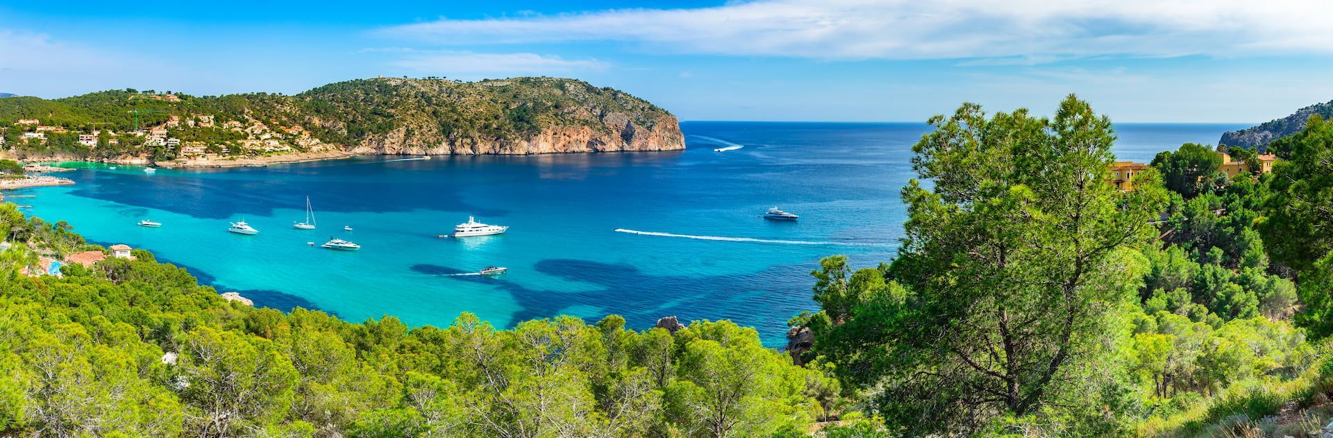 Una vista panoramica di yacht e barche su acqua turchese in una baia circondata da rigogliose colline verdi.
