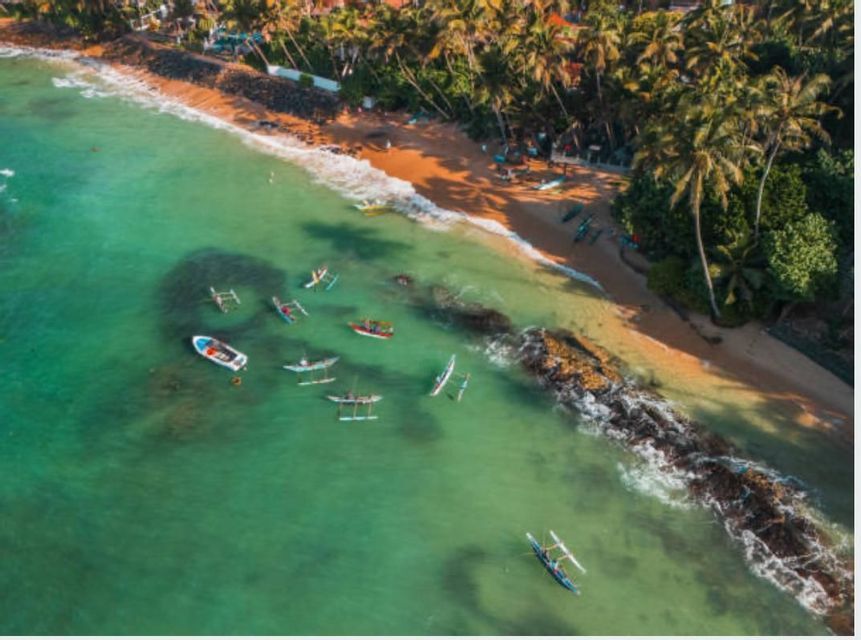 Una vista aerea di barche tradizionali su acqua turchese, presso una spiaggia sabbiosa fiancheggiata da palme verdi.