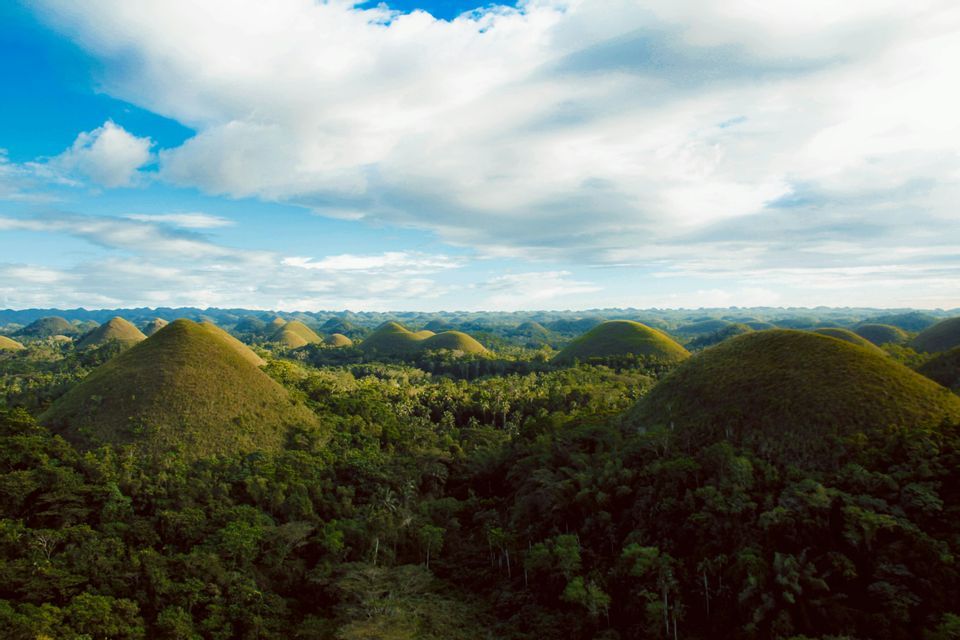 Una vista expansiva de docenas de colinas verdes y cónicas rodeadas de denso bosque bajo un cielo azul y nublado.