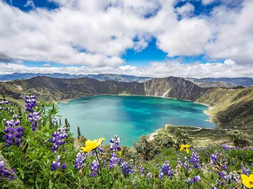 Un lago craterico turchese circondato da montagne, con fiori selvatici viola e gialli in primo piano sotto un cielo azzurro nuvoloso.