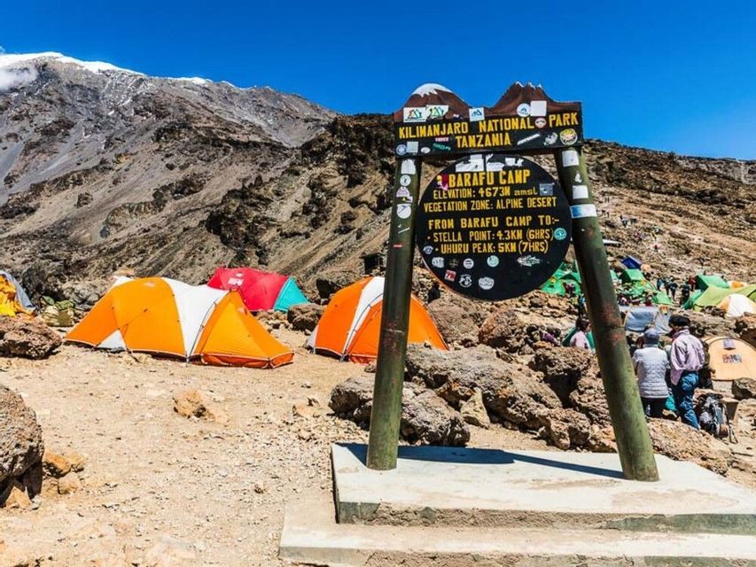 A wooden signpost stands at a mountain base camp, with colorful tents pitched on rocky terrain and a snow-capped peak in the background.