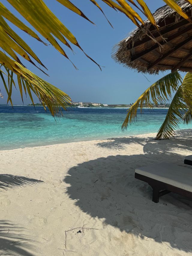 Una tumbona y una sombrilla de paja en una playa de arena blanca, enmarcada por hojas de palma, con vistas a un océano turquesa.