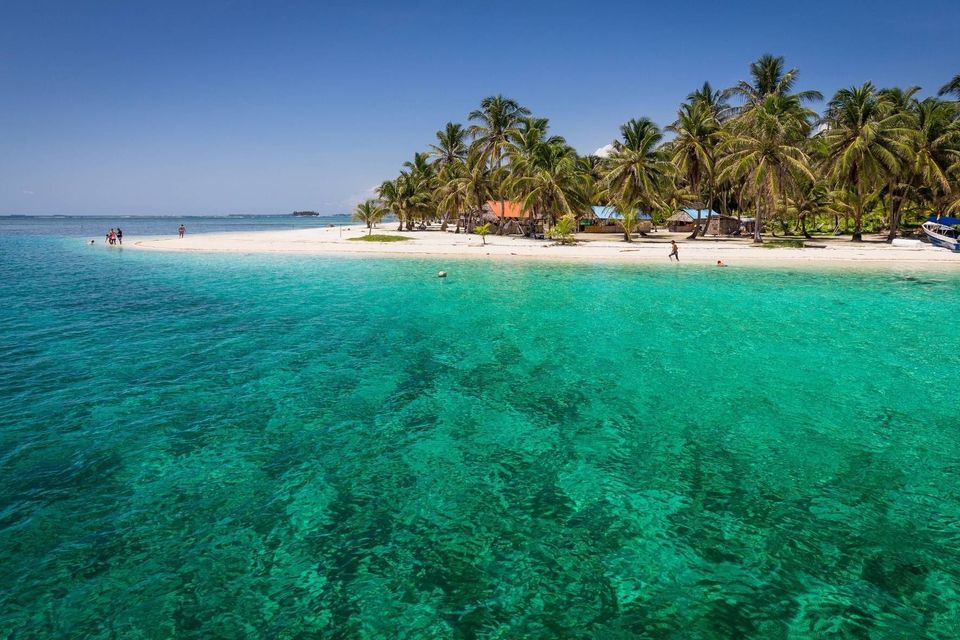 Agua turquesa cristalina en primer plano con una playa de arena blanca y palmeras en una isla bajo un cielo azul.