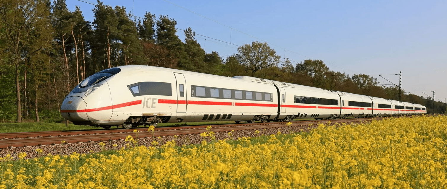 A white high-speed ICE train with a red stripe travels on tracks alongside a field of yellow flowers and a forest.