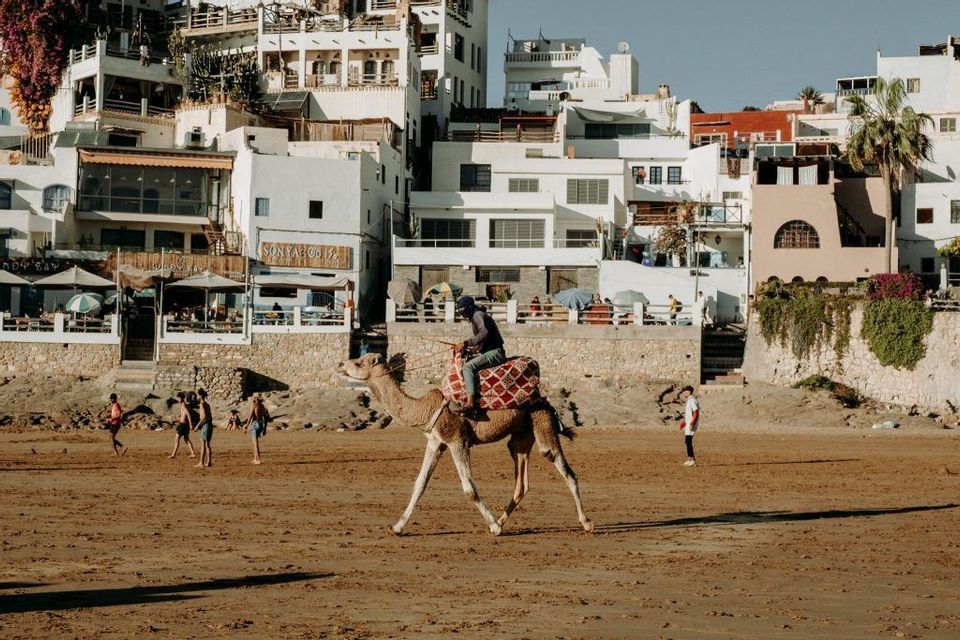 Une personne à dos de chameau sur une plage de sable, avec des bâtiments blancs d'une ville côtière en arrière-plan, sous un ciel dégagé.
