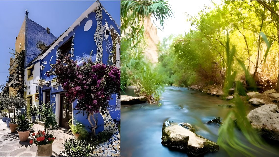 Una imagen dividida que muestra un edificio de mosaico azul con flores a la izquierda y una fotografía de larga exposición de un arroyo en un oasis verde a la derecha.