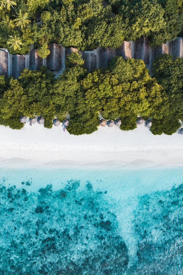 Una vista aerea di un resort tropicale dove la foresta lussureggiante incontra una spiaggia di sabbia bianca e l'oceano turchese.