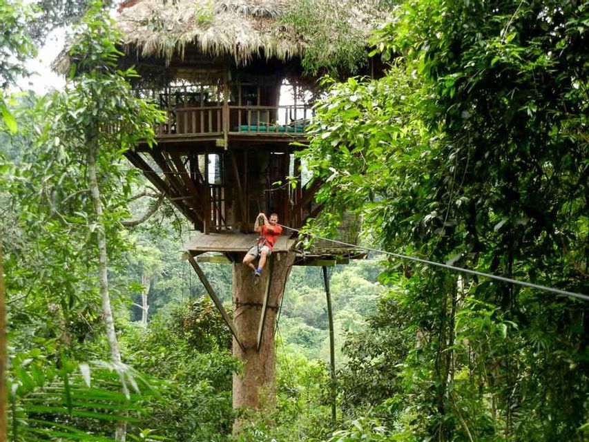 Un uomo con una maglietta rossa si prepara a lanciarsi da una piattaforma su una grande casa sull'albero usando una teleferica in una fitta giungla verde.