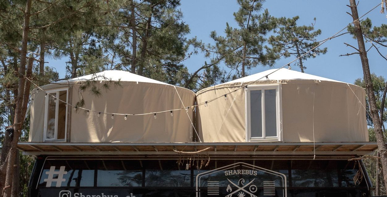 Due tende a yurta beige con luci a stringa si trovano sul tetto di un autobus nero parcheggiato tra alti pini.