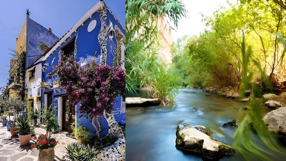 Una imagen dividida que muestra un edificio azul con mosaicos a la izquierda y un río que atraviesa un frondoso bosque verde a la derecha.