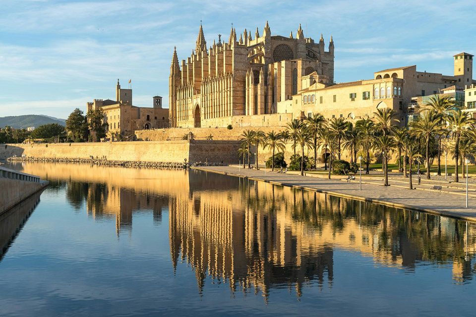 Una grande cattedrale gotica e mura in pietra che si riflettono in acqua calma, con palme lungo il lungomare.