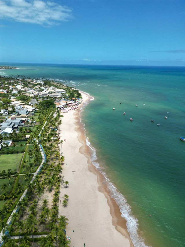Vue aérienne d'une plage de sable blanc et d'un océan turquoise bordant une ville côtière bordée de palmiers luxuriants.
