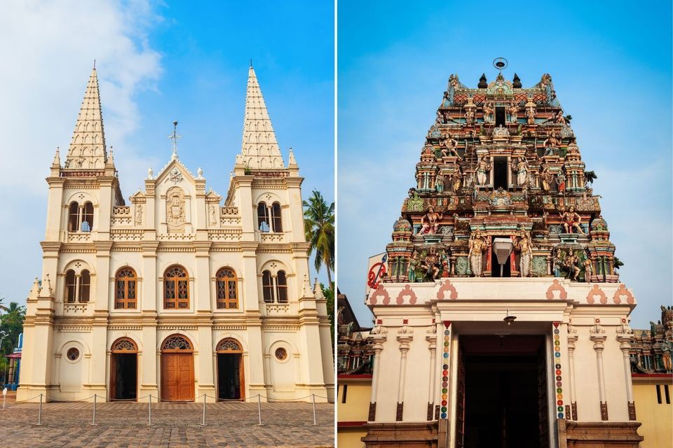 Ein Diptychon, das eine weiße gotische Kirche links und einen farbenfrohen, verzierten hinduistischen Tempel-Gopuram rechts unter blauem Himmel vergleicht.