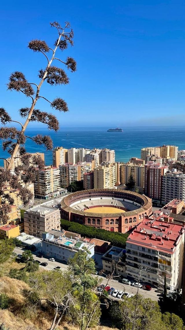 An aerial view of a coastal city with a large circular bullring, residential buildings, and the ocean with a ship on the horizon.