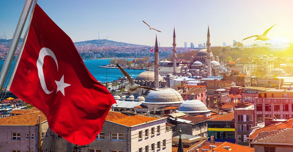 A Turkish flag flutters above a sunlit cityscape of domes and minarets, with seagulls soaring over a body of water.