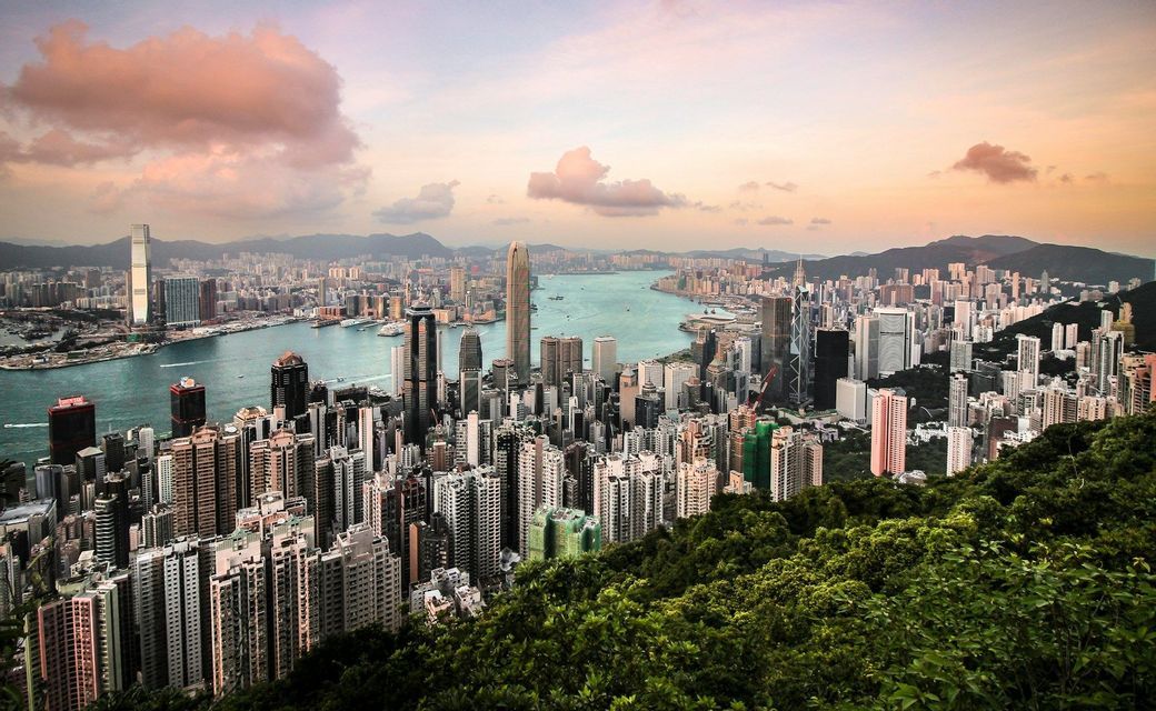 Un denso skyline urbano con moderni grattacieli che circondano un ampio porto, visto da una verde collina al tramonto
