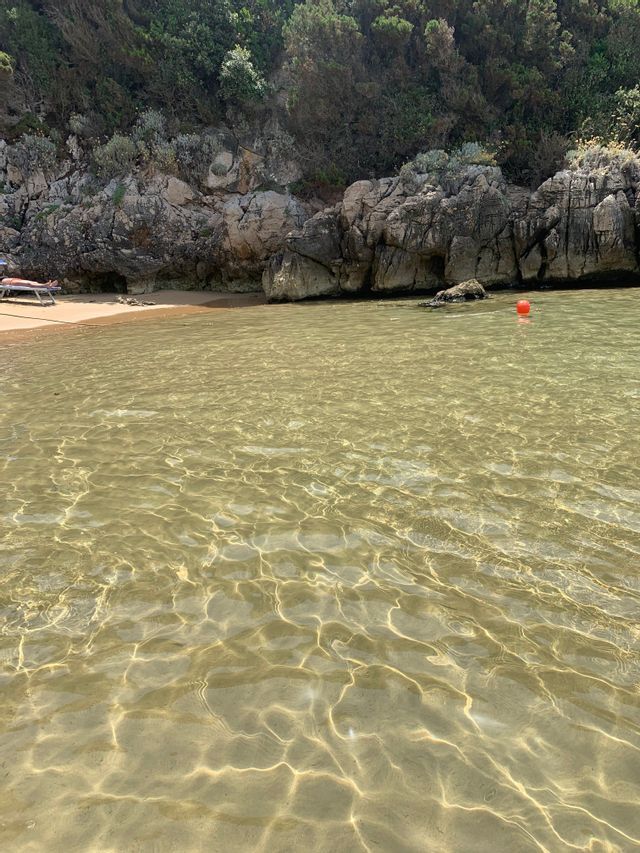 La luce del sole crea giochi di luce sul fondo sabbioso, visibili attraverso l'acqua limpida e bassa di una spiaggia rocciosa.