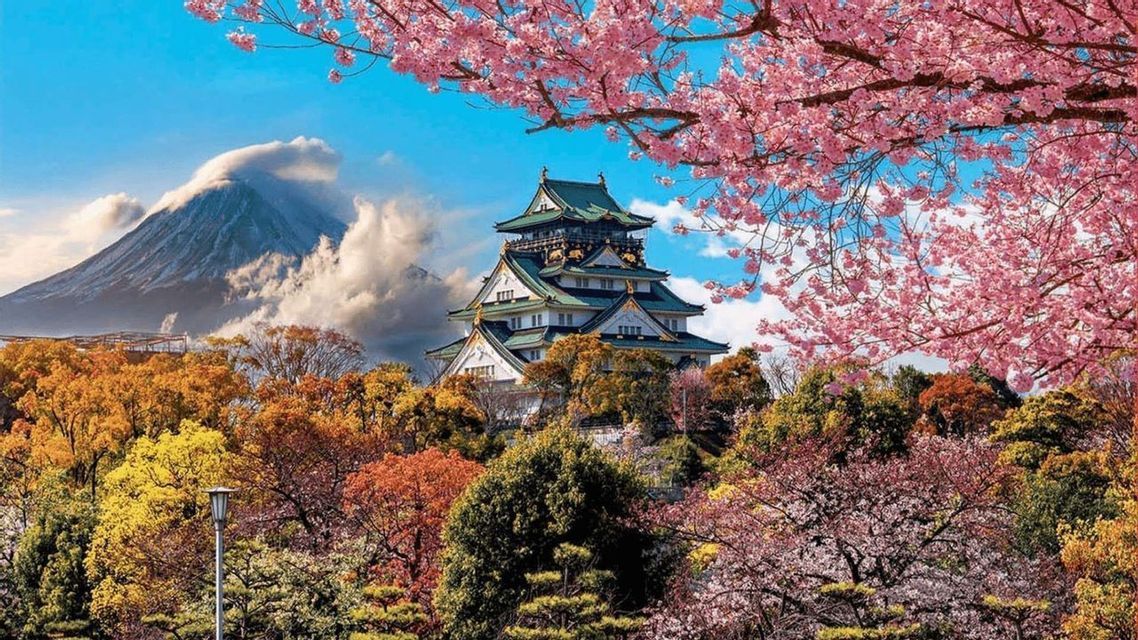 Un castillo japonés se alza en una colina entre follaje otoñal y cerezos en flor rosados, con una montaña nevada al fondo.