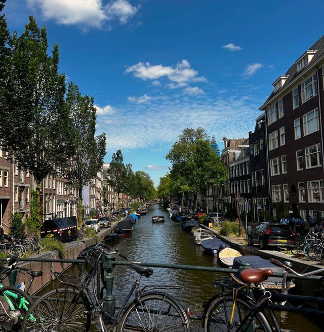 Bicicletas aparcadas en un puente con vistas a un canal de la ciudad bordeado de edificios altos, árboles y barcos bajo un cielo azul.