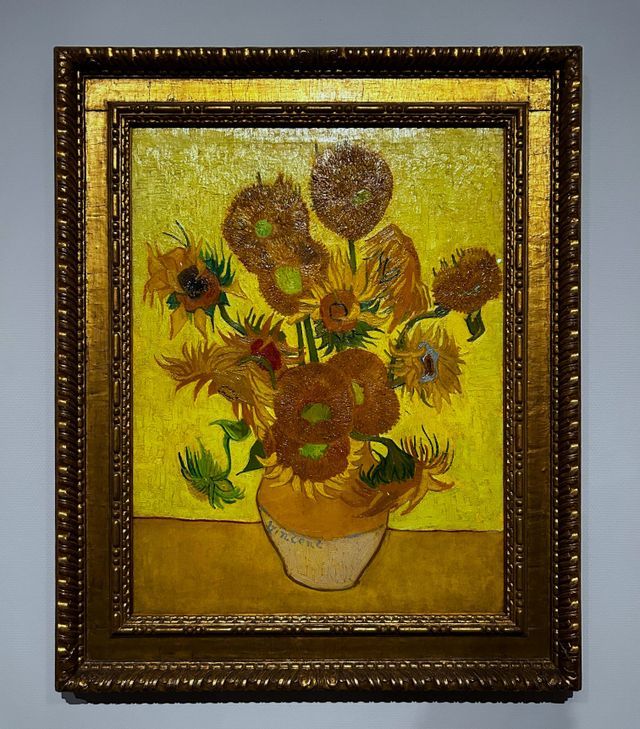 El cuadro 'Los Girasoles' de Vincent van Gogh en un marco ornamentado y dorado colgado en la pared de una galería.