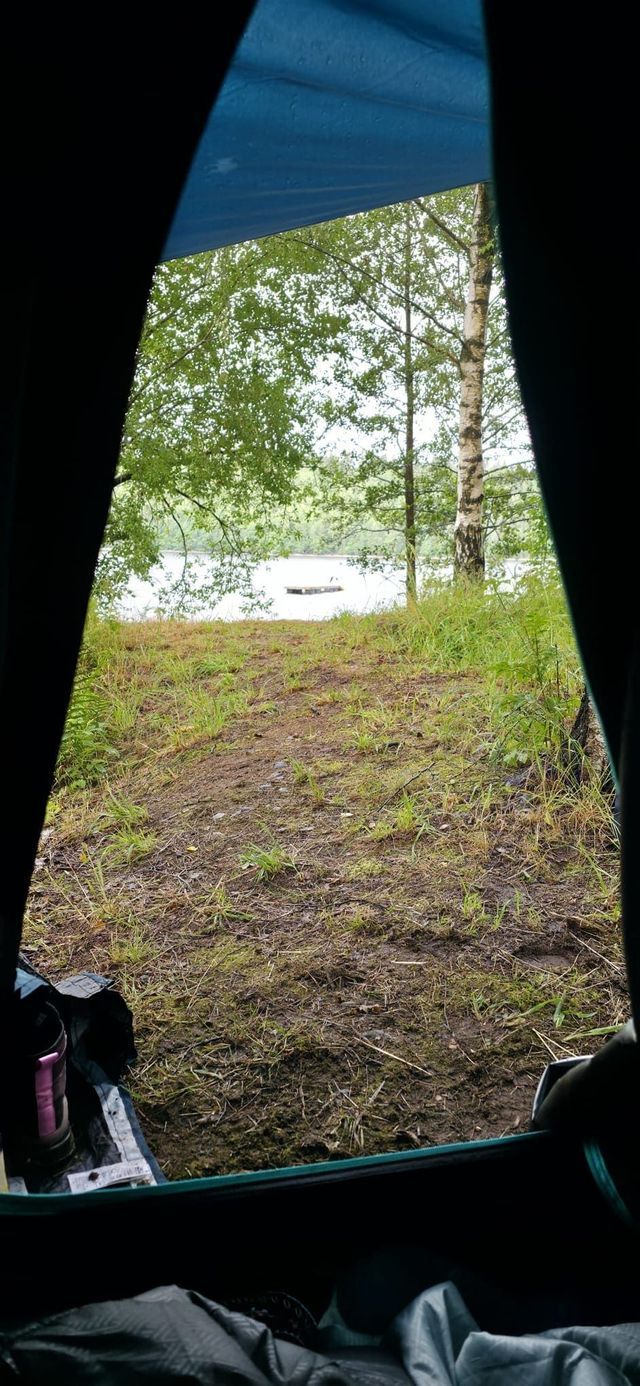 Blick aus dem Zelt auf eine Grasfläche in Richtung See mit Bäumen am Ufer.