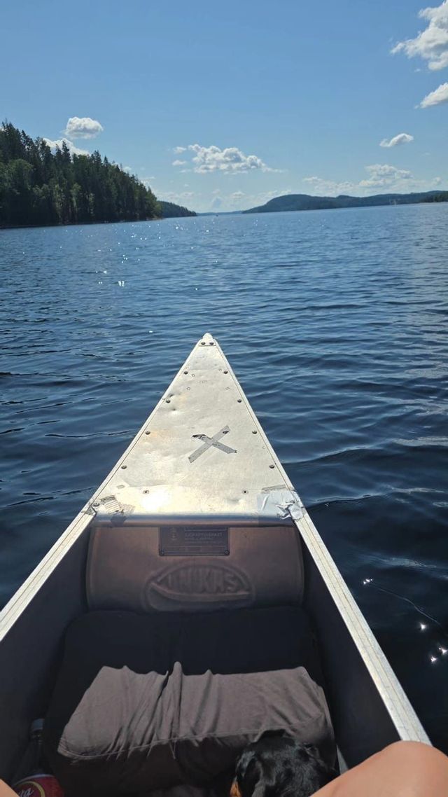 Eine Ich-Perspektive vom Bug eines Aluminiumkanus, das über einen großen, funkelnden See auf ein bewaldetes Ufer unter blauem Himmel gleitet.
