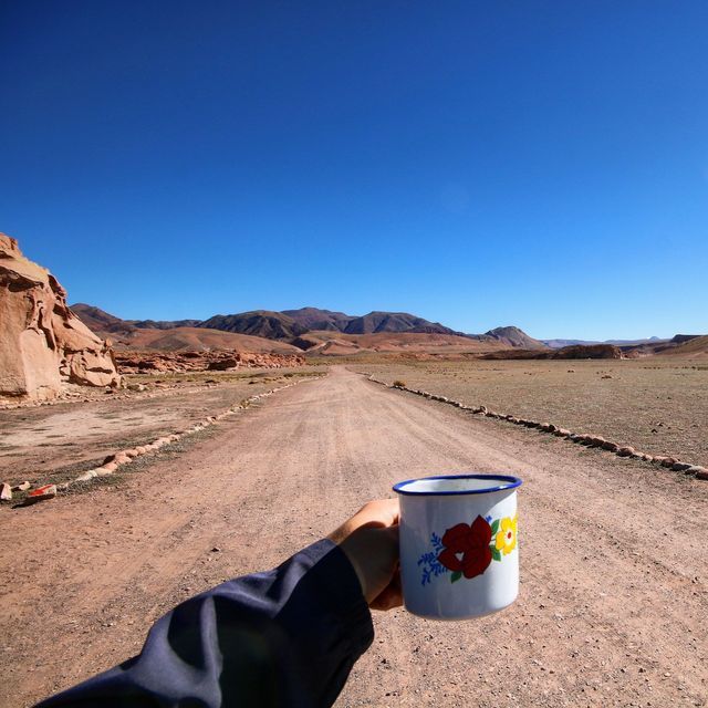 Una mano stringe una tazza di smalto bianco con motivo floreale, su una strada sterrata in un vasto paesaggio arido con montagne sotto un cielo azzurro e limpido.