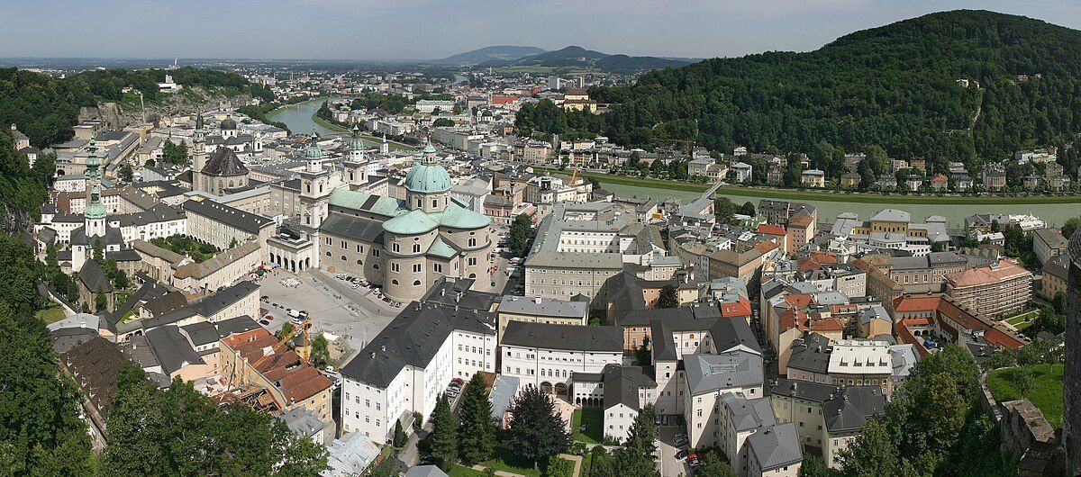 Una vista panoramica dall'alto di una storica città europea con una grande cattedrale, un fiume e una collina boscosa sullo sfondo.