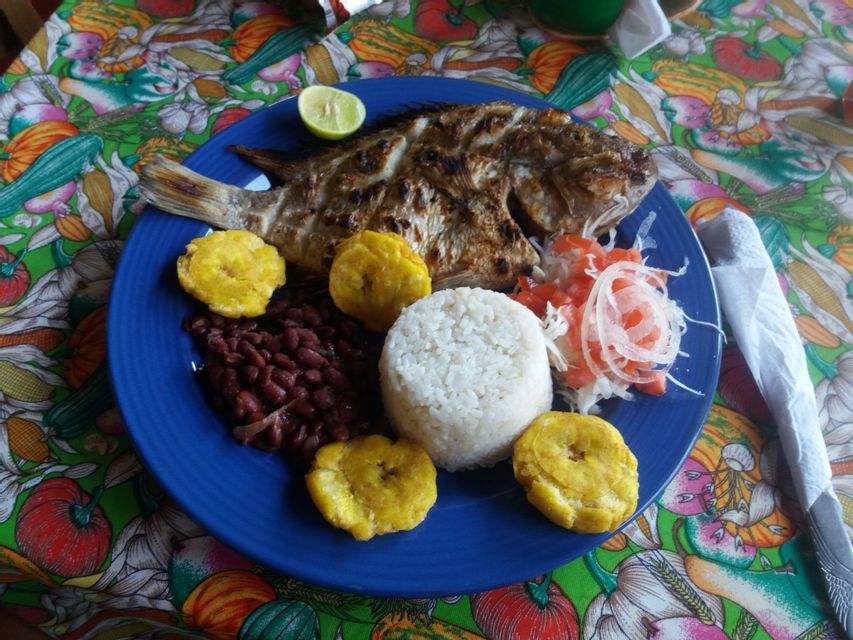 Ein ganzer gegrillter Fisch, serviert auf einem blauen Teller mit Reis, roten Bohnen, gebratenen Kochbananen und einem frischen Salat.