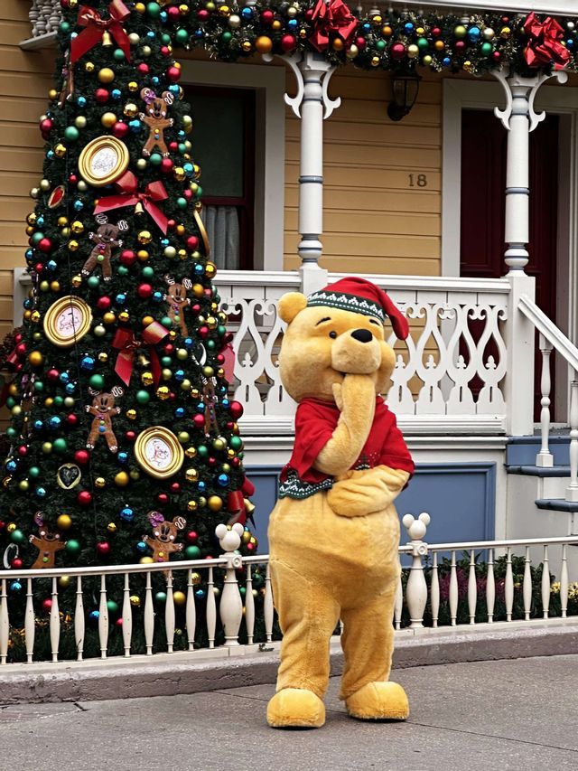 Winnie the Pooh, con cappello e maglietta natalizi rossi, posa pensieroso accanto a un albero di Natale decorato.