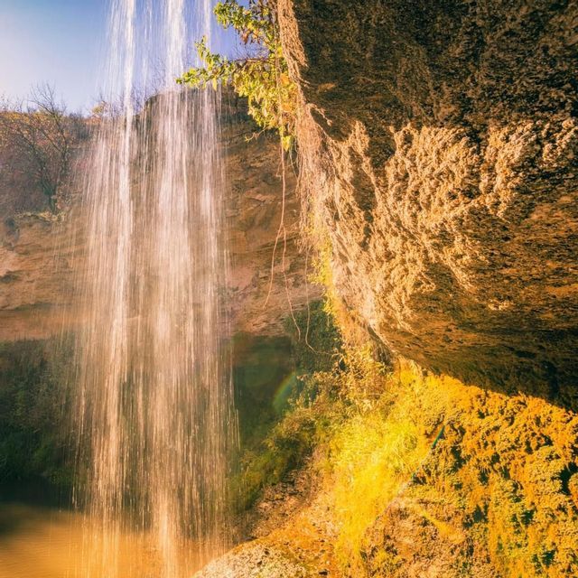 Una cascata scende da una scogliera rocciosa, con l'acqua e il muschio circostante illuminati dalla luce dorata del sole.