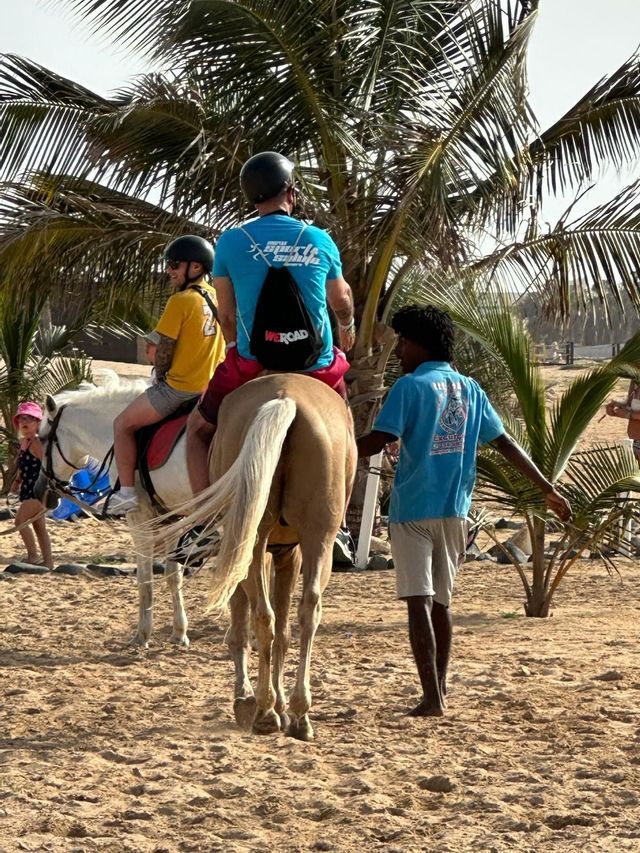 I partecipanti di un viaggio di gruppo WeRoad cavalcano a cavallo su una spiaggia sabbiosa, guidati da un uomo sotto le palme.