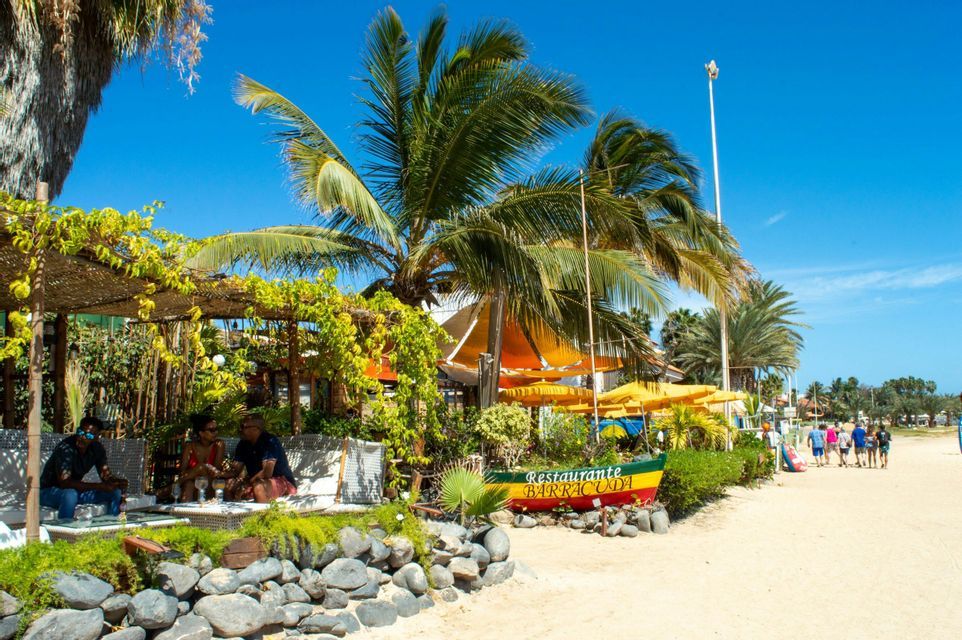 Le persone si rilassano in un ristorante sulla spiaggia, circondato da palme e sabbia, in una giornata di sole.