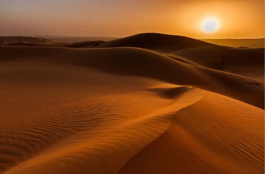 The setting sun casts a warm, orange glow over rolling sand dunes in a vast desert landscape.