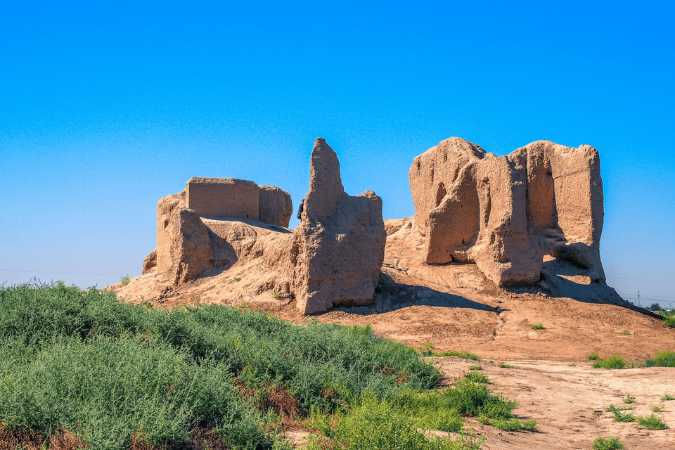 Antiche rovine di mattoni di fango si ergono su una collina sabbiosa sotto un cielo azzurro limpido, con cespugli verdi in primo piano.