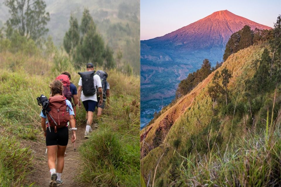 Ein Diptychon, das links eine WeRoad-Gruppe beim Wandern auf einem Bergpfad und rechts einen Vulkangipfel bei Sonnenaufgang zeigt.