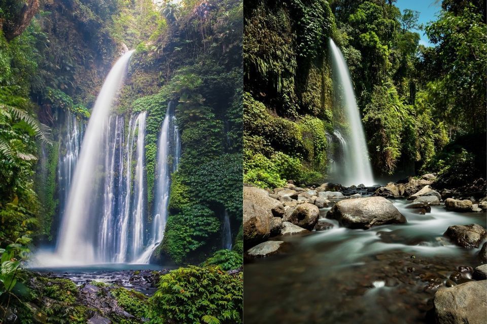 Ein geteiltes Bild zeigt zwei Ansichten eines Wasserfalls. Links stürzt eine breite Kaskade eine grüne Klippe hinab; rechts rauscht Wasser über Felsen.